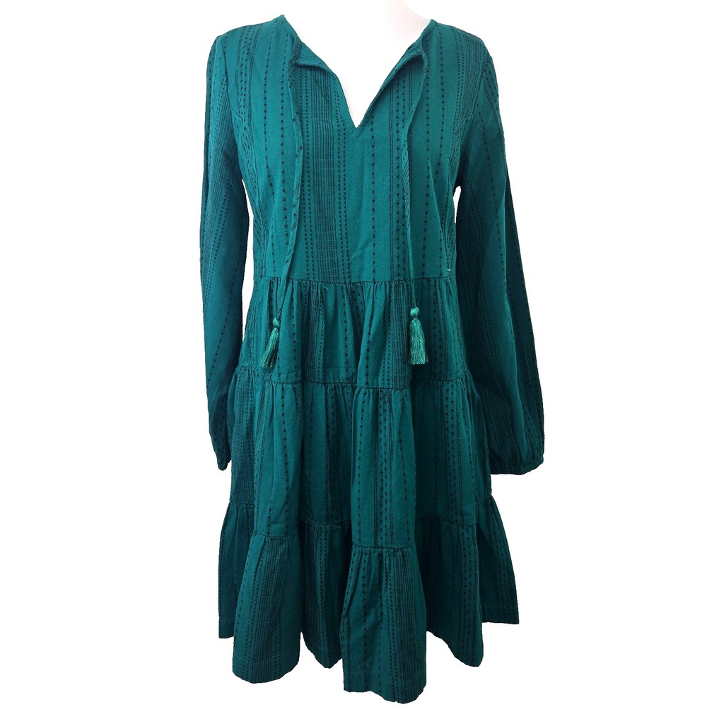 Crown & Ivy Green Stripe Woven Long‎ Sleeve Boho Cotton Dress Size XS Pockets
